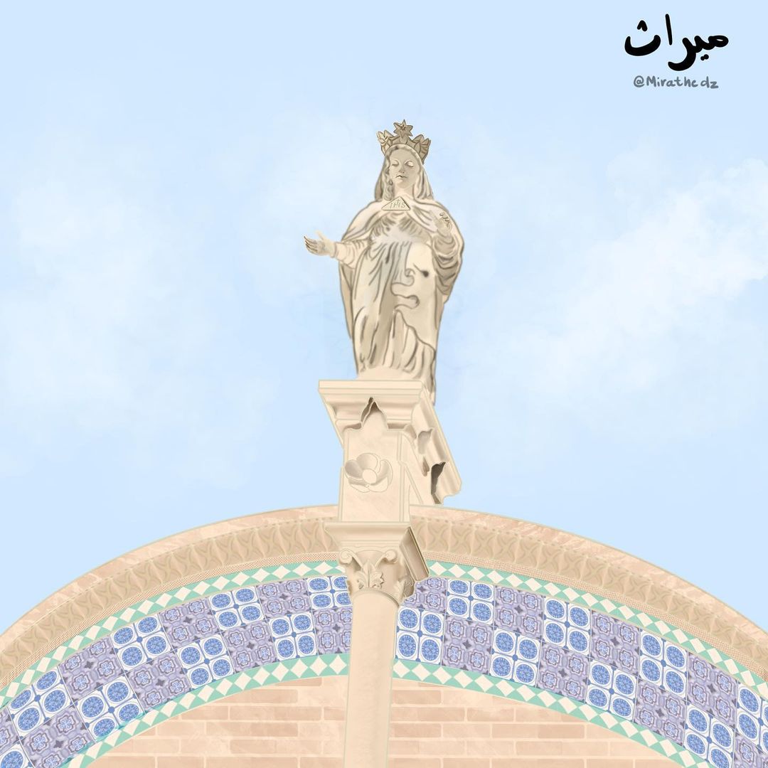 Eine der Zeichnungen von Sengouga stellt die Statue der Heiligen Maria in der Basilika Unserer Lieben Frau von Afrika dar.