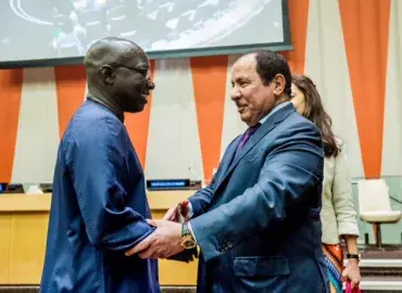 KAICIID Secretary General Faisal Bin Muaammar and United Nations Special Adviser on Genocide Prevention Adama Dieng at a joint event at UN Headquarters in New York, 14 July 2017. Photo: KAICIID/Michael Palma Mir