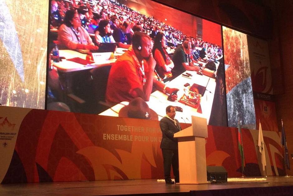Secretary General Bin Muaammar speaks at WOSM Conference in Baku, Azerbaijan, 17 August 2017. Photo Copyright: WOSM SG Scouts WOSM Baku 17082017