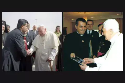 Father Rifat Bader welcomes Pope John Paul II (2000) and Pope Benedict XVI (2009) to Jordan (copyright: abouna.org) Father Rifat Bader welcomes Pope John Paul II (2000) and Pope Benedict XVI (2009) to Jordan (copyright: abouna.org)