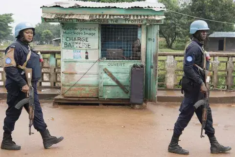 UN Photo/Eskinder Debebe Armed UN Peacekeepers (one woman and one man) patrol the PK5 district in Bangui, Central African Republic
