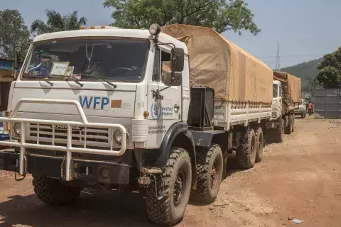 Bangui (CAR) – 08 February 2021: Arrival of the first humanitarian convoy from Cameroon to Bangui since the January 2021 attacks on road transport on the Beloko-Bangui axis (about 578 km northwest of the capital city). A MINUSCA road and air escort enable