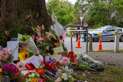 Christchurch, Canterbury, New Zealand, March 17 2019: Flowers to remember the victims of the March 15 2019 Christchurch Mosque Shootings. Photo Sheryl Watson