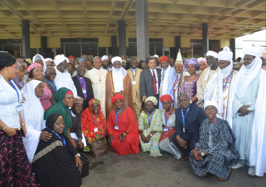 Sultan of Sokoto, Alhaji Saad Abubakar III, Archbishop of Abuja, Cardinal John Onaiyekan with participants at the opening ceremony of the National Inter-Faith Dialogue meeting organized by ICPR and KAICIID with the interfaith Mediation Center in Abuja