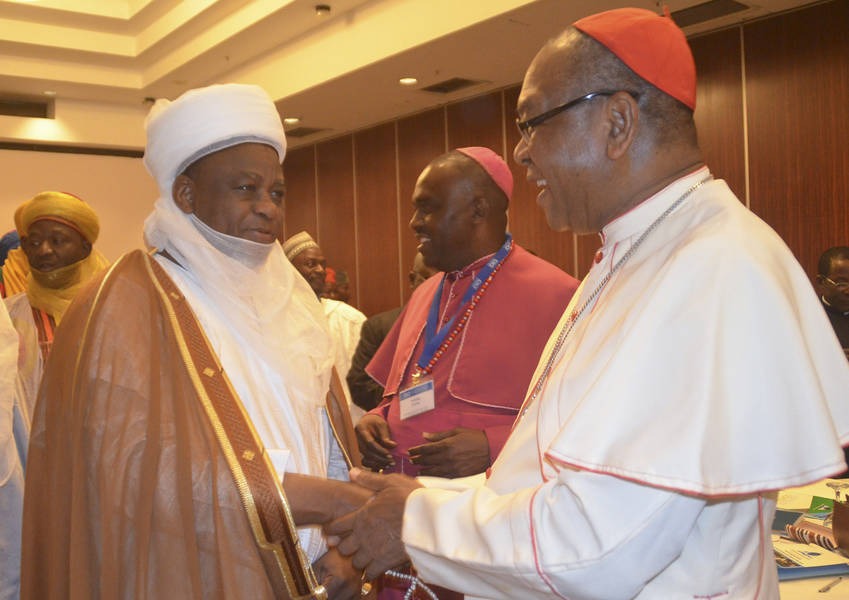 The Archbishop of Abuja, Cardinal John Onaiyekan welcomes the Sultan of Sokoto, Alhaji Saad Abubakar III.