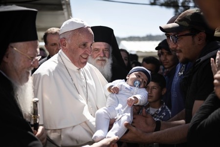 Pope Francis meets migrants at the Moria detention centre on April 16, 2016 in Mytilene, Lesbos, Greece. (Photo by Andrea Bonetti/Greek Prime Minister's Office via Getty Images) Pope Francis in Lesbos