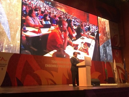 Secretary General Bin Muaammar speaks at WOSM Conference in Baku, Azerbaijan, 17 August 2017. Photo Copyright: WOSM SG Scouts WOSM Baku 17082017