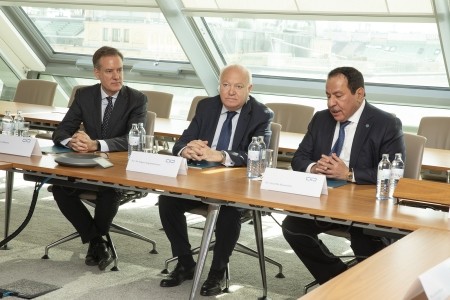H.E. Miguel Ángel Moratinos, High Representative of UNAOC, with Deputy Secretary General Álvaro Albacete and Secretary General Faisal bin Muaammar (right) during a visit to KAICIID HQ in Vienna